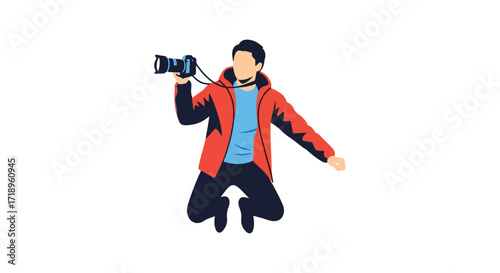 Dynamic Illustration of Photographer in Mid-Air Capturing the Moment in a Unique Style
