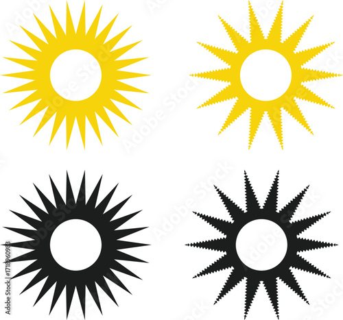 Yellow and black sun icon set  Summertime figure concept. Sunset symbol. Hot solar energy for tan. Sunshine simple icons collection