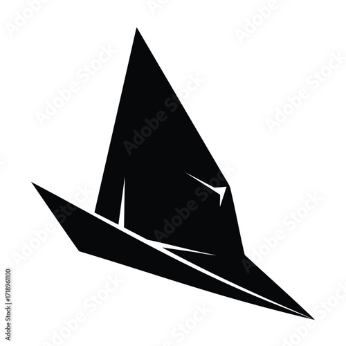A stylized black silhouette icon of a pointed witch or wizard hat with sharp angular lines.