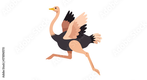 Stylized depiction of an ostrich in mid-stride showcasing its anatomy and kinetic energy within a minimalist design aesthetic