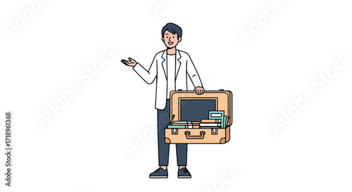 Enthusiastic gentleman presenting an open suitcase filled with knowledge and educational tools for travel or learning journey destination concept