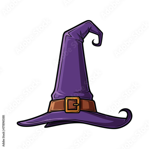 A tall pointed purple cartoon witch hat with a brown belt and a shiny gold buckle.