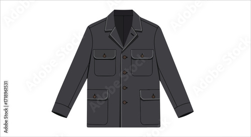 Illustrated safari jacket with four pockets, a vintage design rendered with clean lines and a neutral grey color scheme against a white backdrop