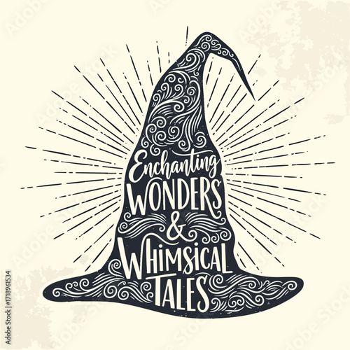 A vintagestyle witch hat silhouette filled with intricate swirls and whimsical typography.