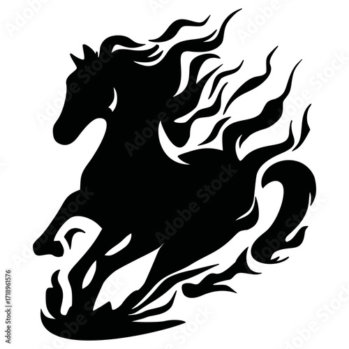 Silhouette of a fiery horse running forward, black vector design on white background