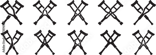 A set of Crossed crutches black and white silhouette vector illustration flat design