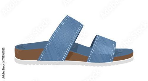 Blue denim style summer sandal with white trim, offering comfortable and casual footwear choice for sunny days and outdoor adventures