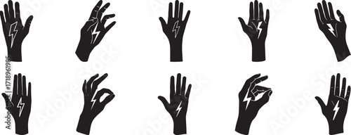 A set of Hand with lightning bolt power energy symbol black white silhouette vector illustration