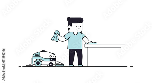 Cartoon illustration depicting a person cleaning while a robotic vacuum cleaner assists with household chores depicting modern living