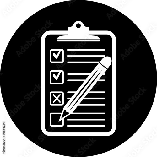 Clipboard with checklist and pencil on a black background in a circular vector graphic design