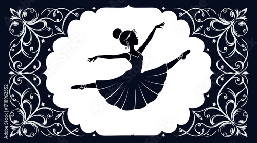 Ballerina silhouette dancing gracefully in decorative frame design  