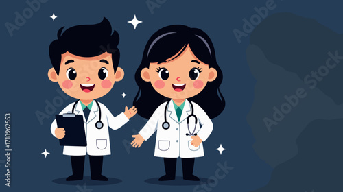 Animated doctors smiling together in white coats on blue background  