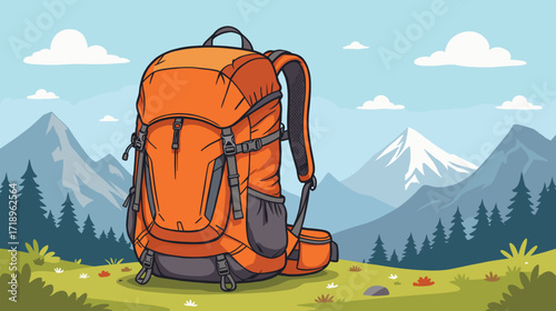 Orange hiking backpack on grass in mountain landscape  