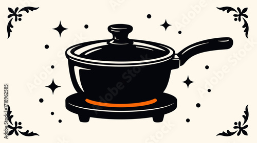 Black cooking pot on stove with decorative stars and border  