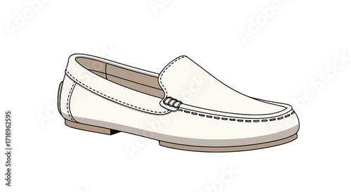 Elegant pristine white leather loafer offers a blend of comfort and minimalist style, designed with subtle stitching details and a flat sole for