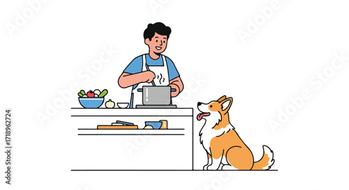 A culinary companion: Man cooking with corgi watching, evoking themes of home cooking and domestic animals friendly atmosphere and love to the animals