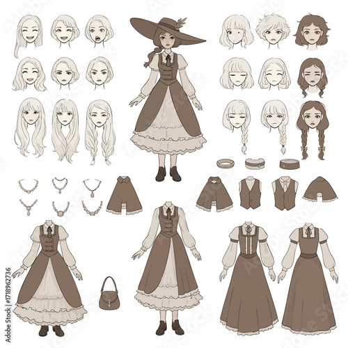 Anime witch character creation kit with interchangeable clothes hairstyles and accessories.