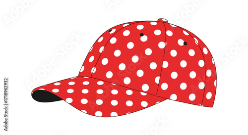 Graphic illustration of a red baseball cap with white polka dots evokes playful style and retro fashion allure to stand out