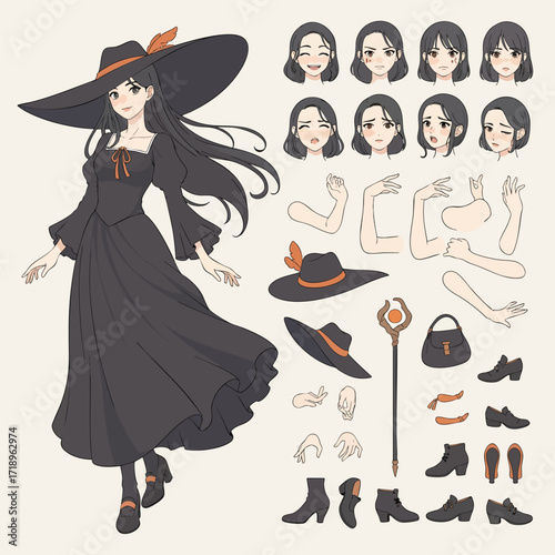 Anime witch character creation set with customizable expressions poses and accessories.