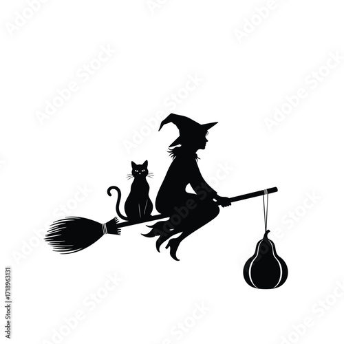 Black silhouette of a witch flying on a broomstick with her cat and a pumpkin lantern.