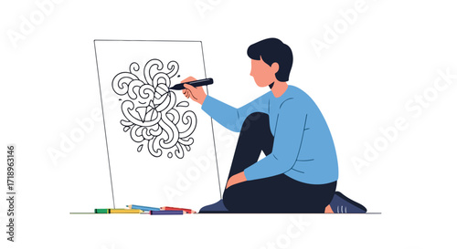 Person engrossed in illustrating complex swirl patterns on canvas using a black marker in an artistic endeavor