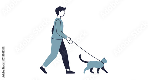 Whimsical vector illustration of a man and his cat enjoying a leisurely walk outside together in blue tones
