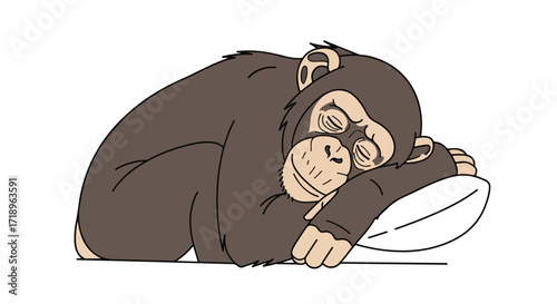 Illustration of a sleeping chimpanzee resting its head on a pillow on white background