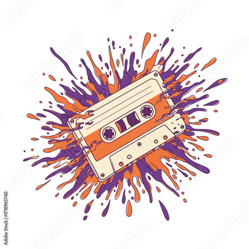 Retro Cassette Tape Melting into Paint Splashes – Vector Illustration