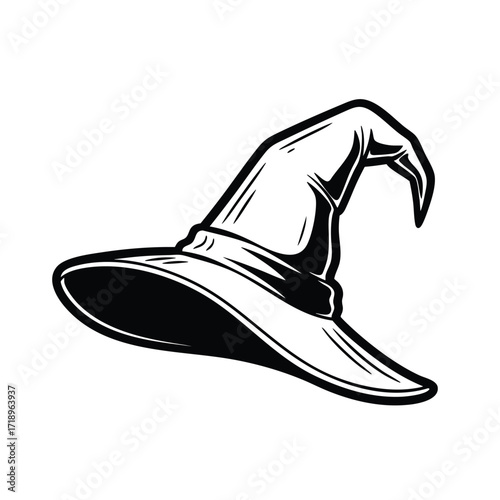 Classic pointed witch hat with a bent tip rendered in a bold black and white vintage style.