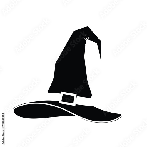 Classic black witch hat silhouette with a pointed top wide brim and a white buckle.