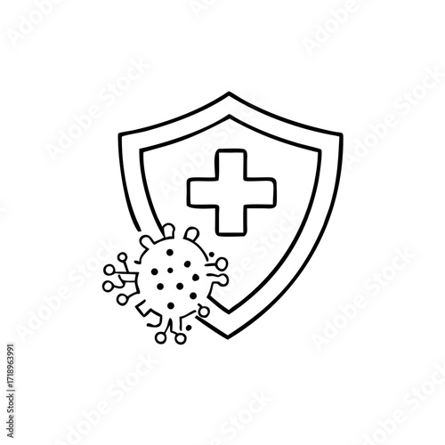 immune from flu germ icon in line style, virus protection vector isolated on white background, hygiene shield, bacterial prevention, immune business concept,