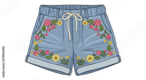 Floral embroidered denim shorts showcasing botanical patterns on a light blue fabric with drawstring