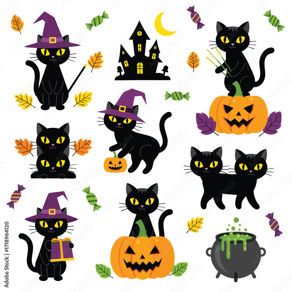 Fototapeta premium Collection of cute cartoon black cats celebrating Halloween with pumpkins witch hats and a haunted house.