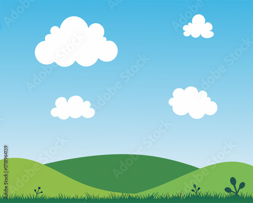 Beautiful landscape background Vector, Fresh background with green grass blue sky with clouds dream field vector realistic seamless pattern.
