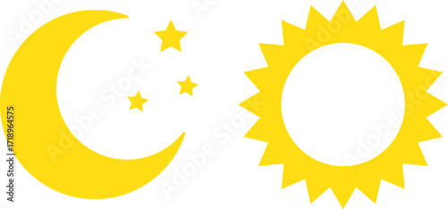 Sun and moon icons set.  Day and Night icon symbol. Rising and setting sun. Screen brightness and contrast level signs
