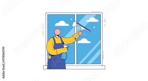 Window cleaning service professional wiping glass with squeegee illustrating home maintenance tasks and transparent surfaces using specialized