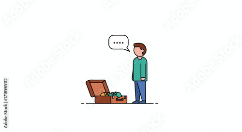 Character Contemplating Over Unpacked Suitcase, Possibly Facing Travel Challenges or Trip Planning Confusion. Simple Illustration Style