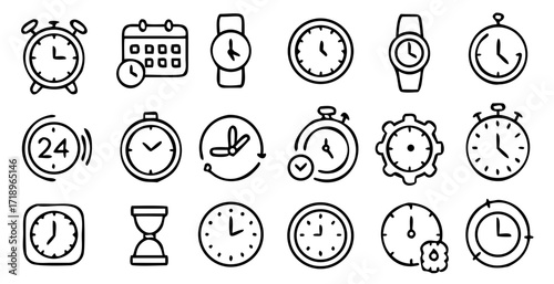 Time and clock icon set, contains alarm, restore, management, calendar, timer, speed, in thin line style, sign or symbols for web and mobile phone isolated on white background, vector illustration