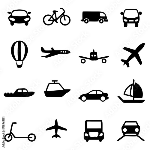 Public Transportation Icons. Airplane, Public bus, Train, motorcycle, bicycle, helicopter, blimp, scooter, Ship/Ferry and auto signs. Shipping delivery symbol. Vector Illustration