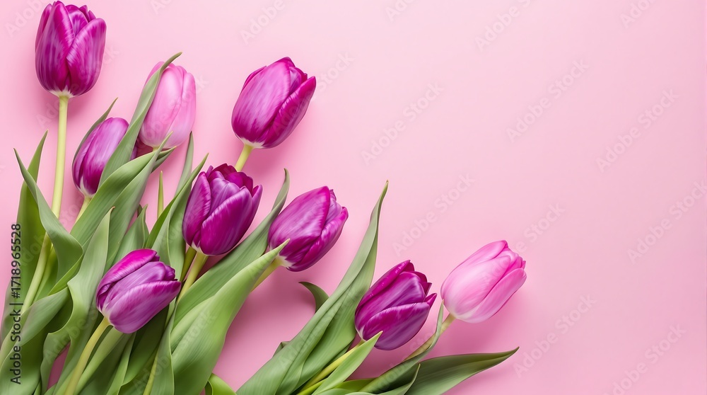 Fototapeta premium Beautiful purple tulips on pink background floral arrangement spring flower bouquet background for mothers day