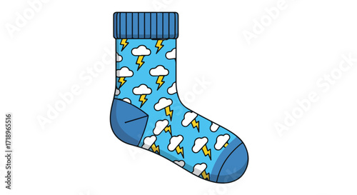 Whimsical blue sock adorned with playful cloud and lightning bolt illustrations on a white canvas offering a touch of quirky charm