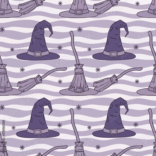 Handdrawn seamless pattern featuring purple witch hats with buckles and flying broomsticks.