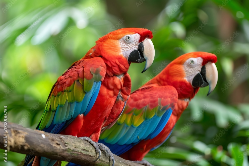 Fototapeta premium Scarlet Macaw parrots perching on branch in tropical jungle