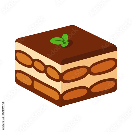 Slice of Tiramisu Cake, Italian Dessert Cartoon Illustration