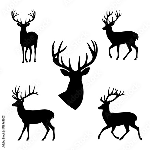 Collection of black silhouette deer and stag heads with antlers isolated on white background isolated on transparent background