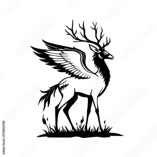 A mythical winged deer creature with antlers standing in a grassy field isolated on white background isolated on transparent background