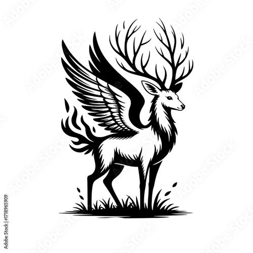 Mythical winged deer with large antlers standing in grass isolated on white background isolated on transparent background