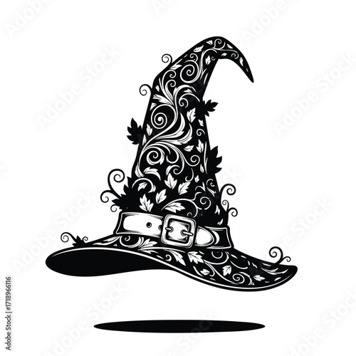 Ornate black and white witchs hat with intricate floral scrollwork and a buckled band.
