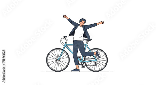 Illustration showcasing a cheerful individual embracing freedom with bicycle adventures and exuberance, ideal for promoting active living and