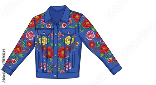 Blue denim jacket adorned with vibrant floral pattern, stylish garment design with embroidered roses and wildflowers, modern outerwear fashion